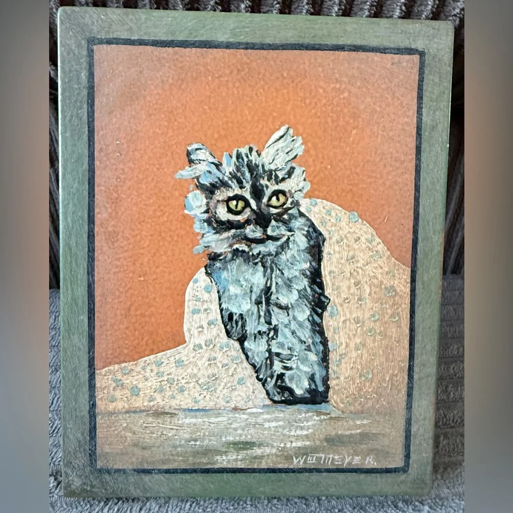 Antique Handpainted Signed Meyer Dog Cat Tin Boxes Jewelry Trinket Lot Of 4